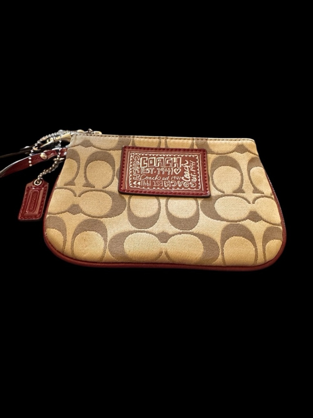 Coach Tan & Brown Signature Canvas Wristlet with Red-Brown Trim 1941 anniversary